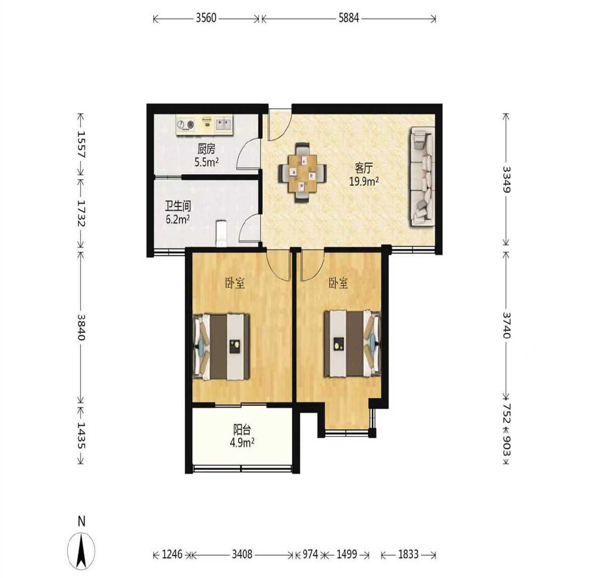 融悦华庭 2室2厅1卫 90m&sup2;