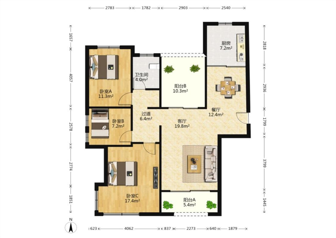 罗福宫 3室2厅1卫 121.56m&sup2;