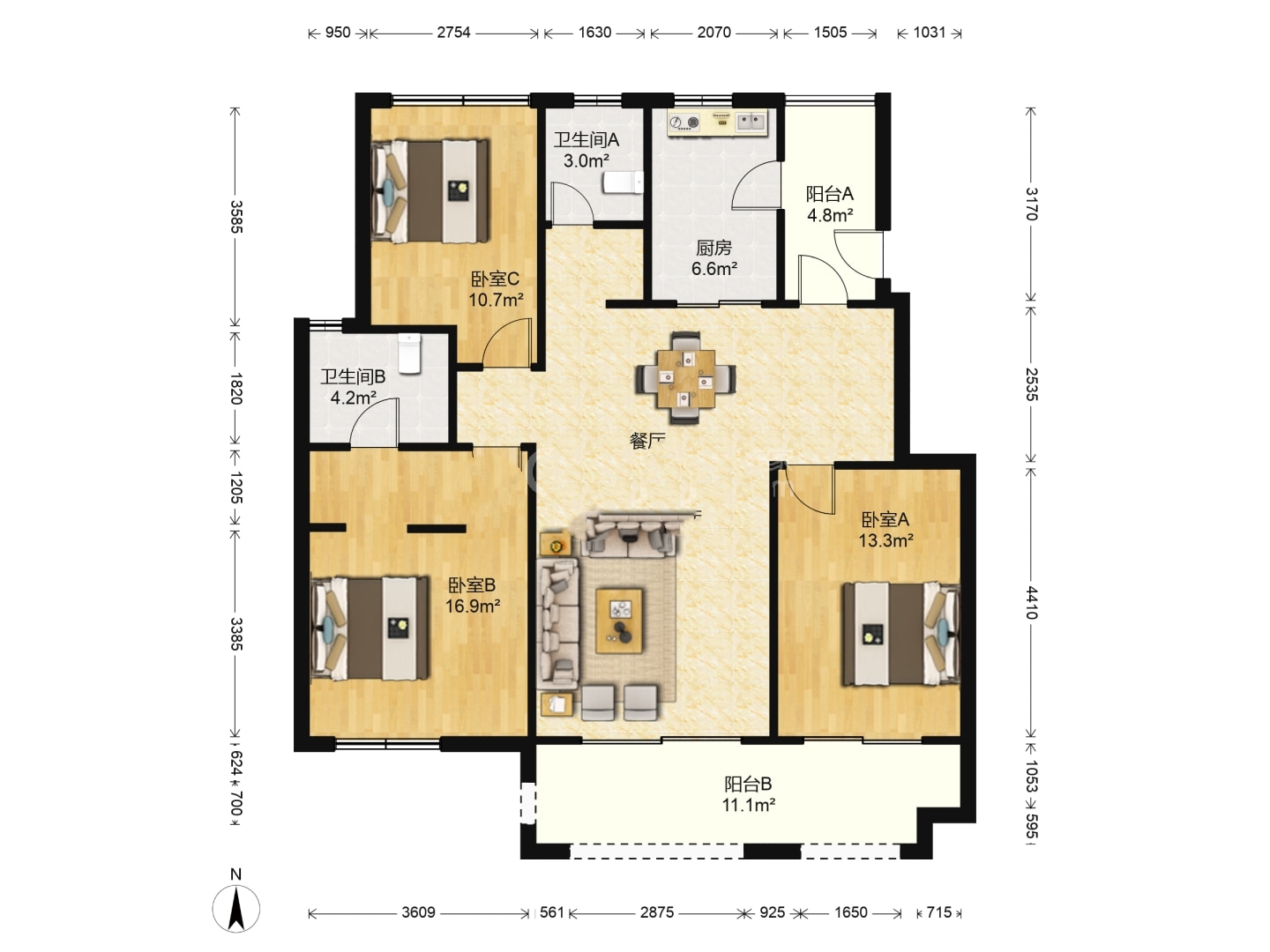 中创大都会 3室2厅2卫 122.7m&sup2;