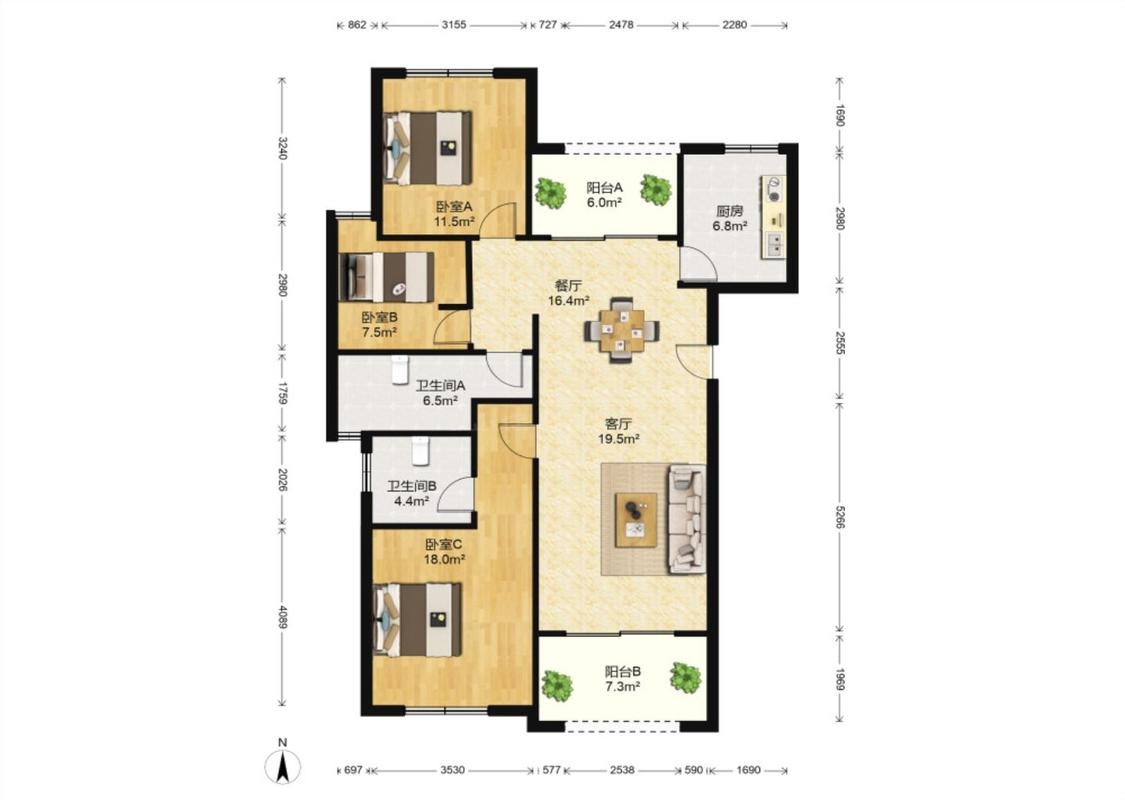 罗福宫 3室2厅1卫 122m&sup2;