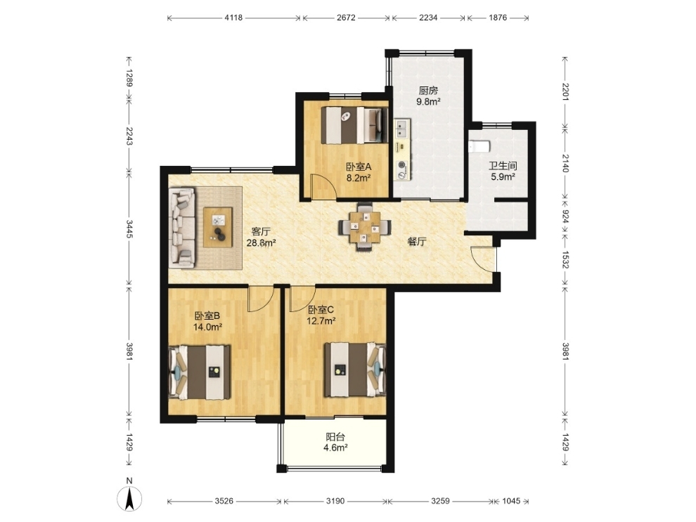 学士府 2室1厅1卫 107.00m&sup2;