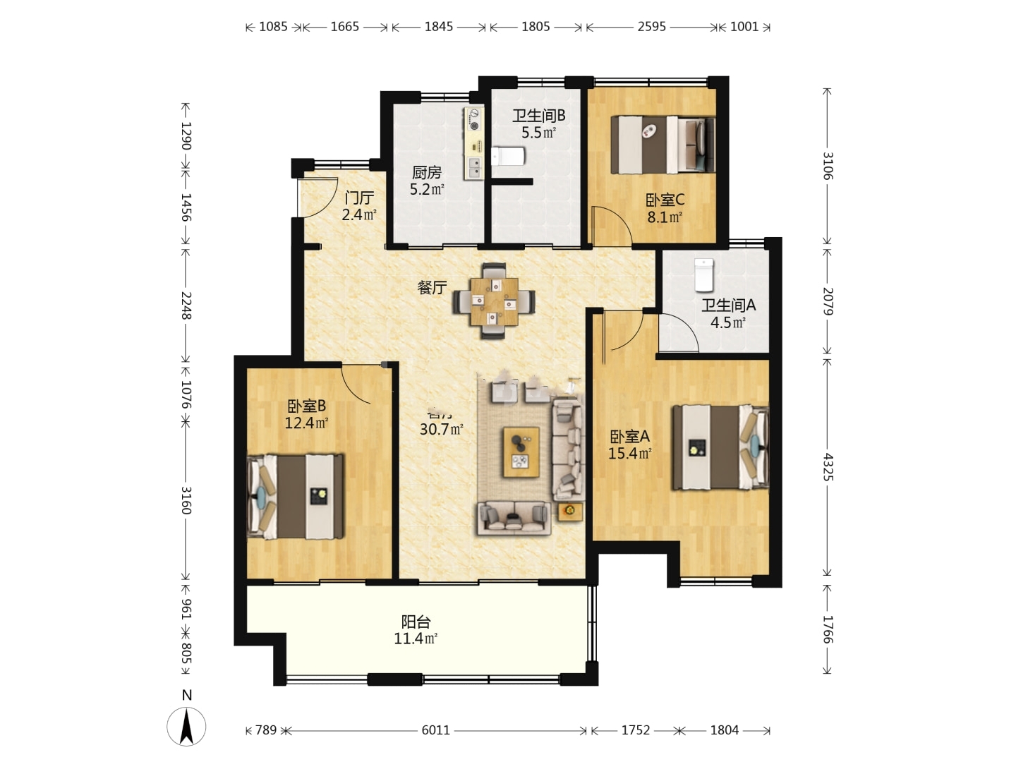 中创大都会 3室1厅1卫 110m&sup2;