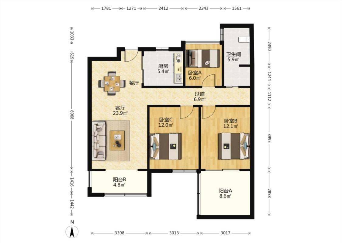 罗福宫 3室1厅1卫 98.47m&sup2;