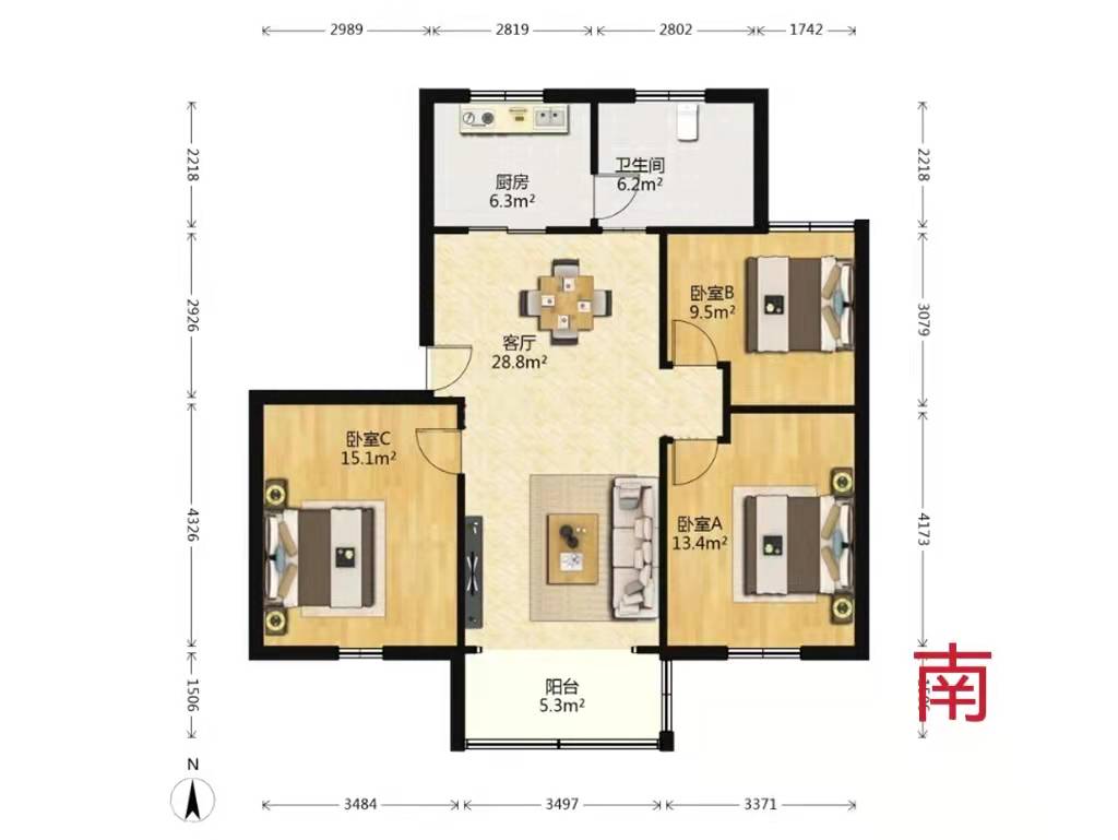 学田北苑 3室2厅1卫 103.1800m&sup2;