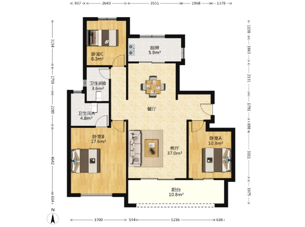 中海上东区 3室2厅2卫 125m&sup2;