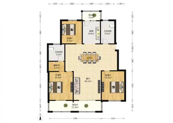 兴和家园 3室2厅2卫 148.43m&sup2;