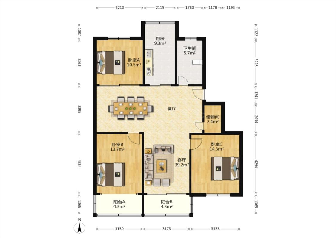 兴隆花苑 4室2厅1卫 137m&sup2;