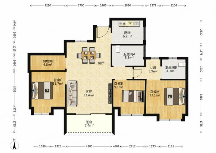 南山国际社区 4室2厅2卫 130.00m&sup2;