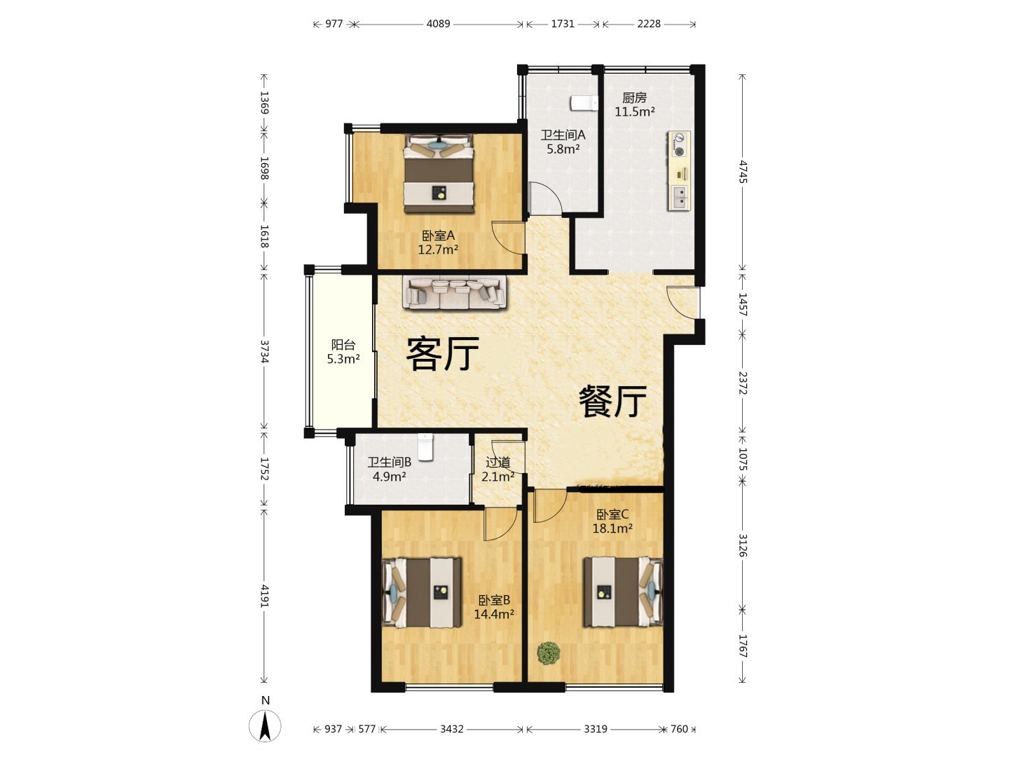万濠星城 3室2厅2卫 127m&sup2;