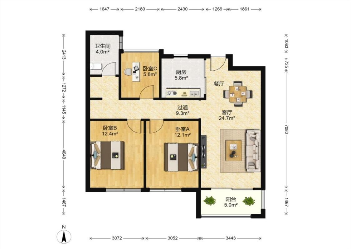罗福宫 3室2厅1卫 97m&sup2;