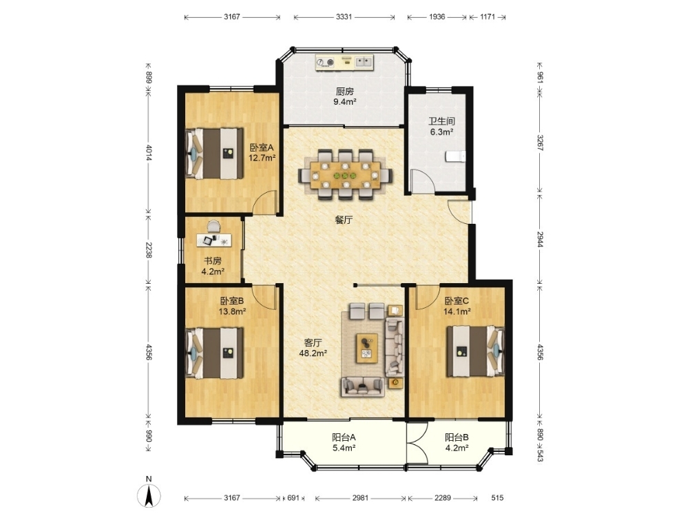 新城小区 3室2厅1卫 143.00m&sup2;
