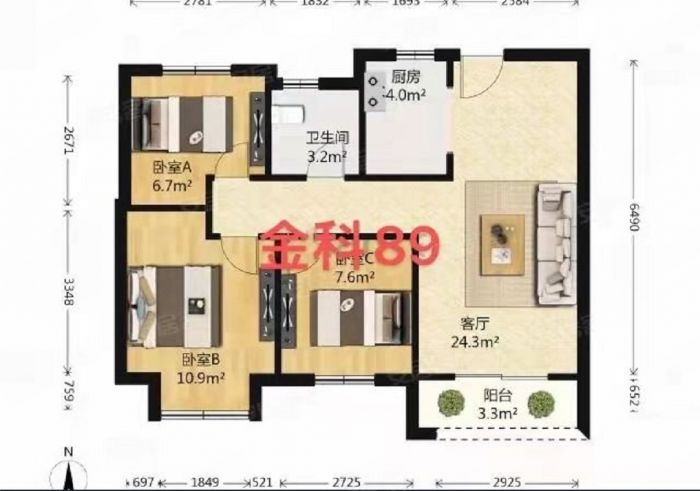 金科廊桥水岸 3室2厅2卫 90m&sup2;