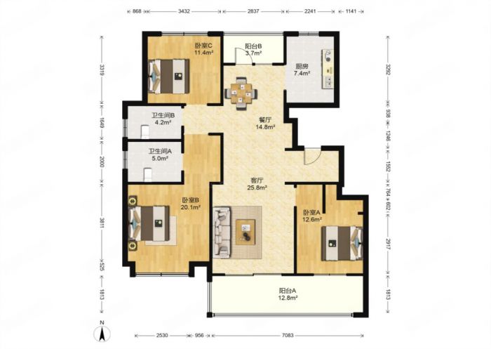 万濠山庄 3室2厅2卫 143m&sup2;