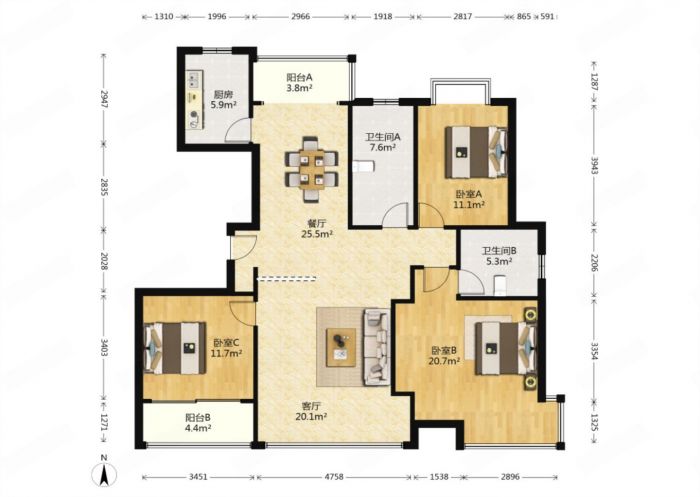 中港城 3室2厅1卫 130.00m&sup2;