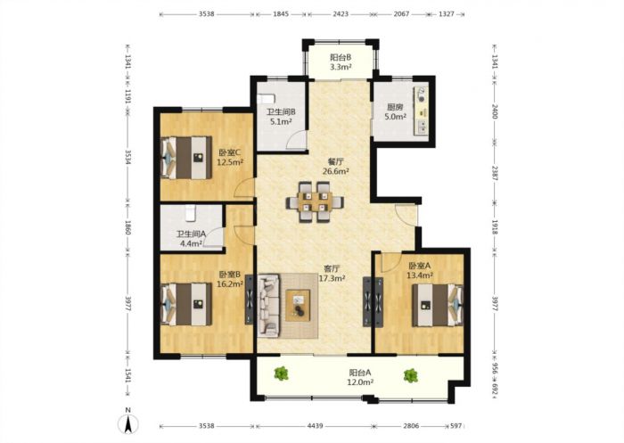 龙庭景苑 3室2厅2卫 142m&sup2;
