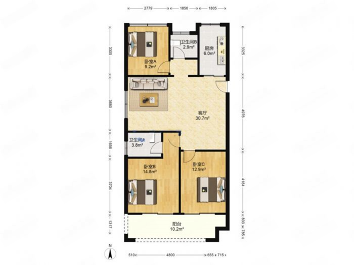 中创大都会 3室2厅1卫 115.00m&sup2;