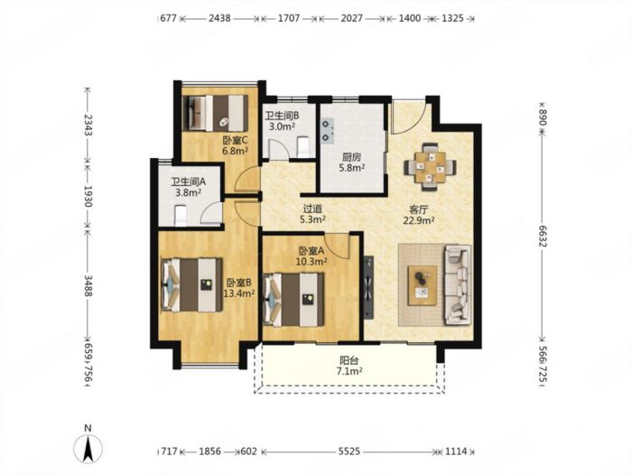 雍华府 3室2厅2卫 98.63m&sup2;