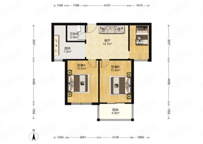 学士府 3室1厅1卫 88m&sup2;