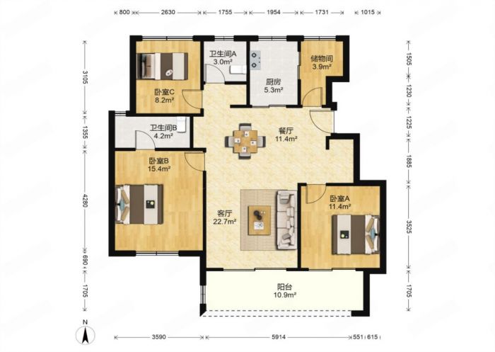 万科翡翠公园 3室2厅1卫 105m&sup2;