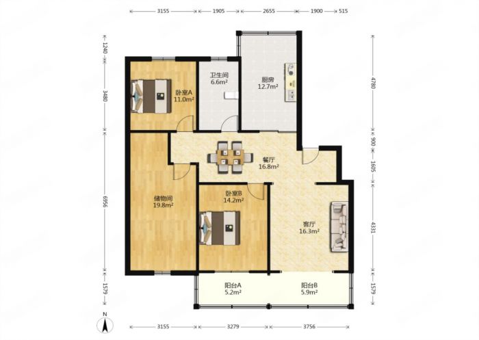 外滩小区 3室2厅1卫 125m&sup2;