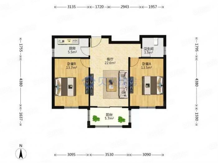 龙潭福里 2室2厅1卫 89m&sup2;