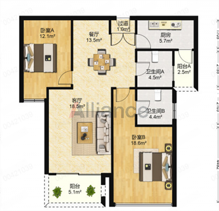 第九园 3室2厅1卫 103m&sup2;