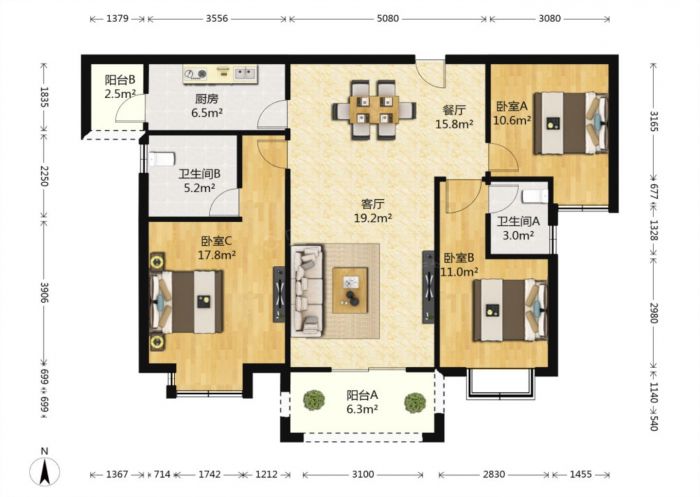 华强城一期 3室2厅2卫 122.21m&sup2;