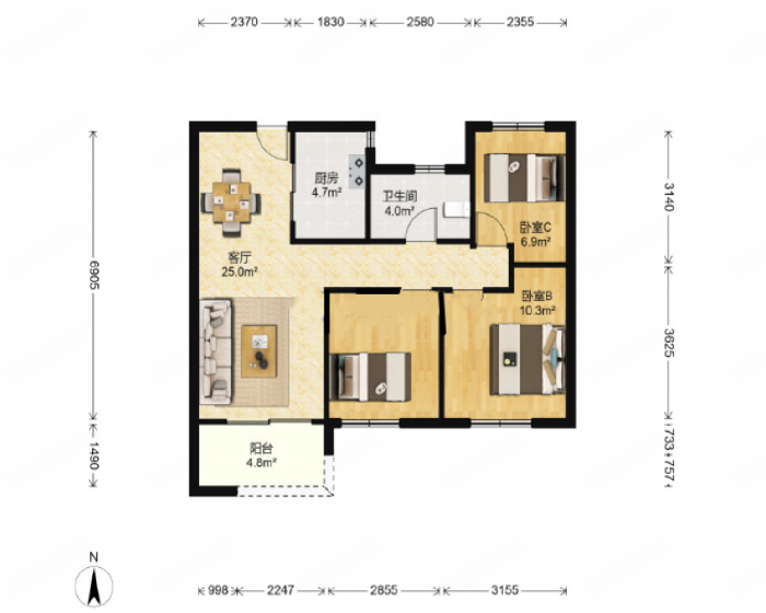 绿地新里城 3室2厅1卫 95m&sup2;