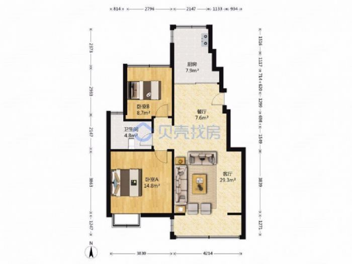 军山汇贤居 2室2厅1卫 91m&sup2;