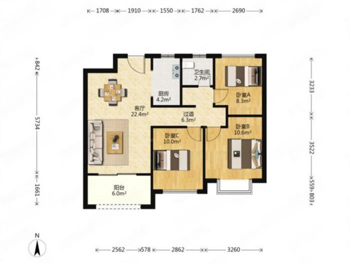 林肯公园 3室2厅1卫 92.27m&sup2;