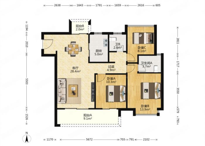 雍华府 3室2厅2卫 114.28m&sup2;