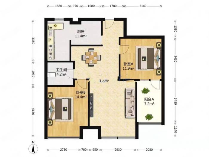 未来锦城 2室1厅1卫 100m&sup2;