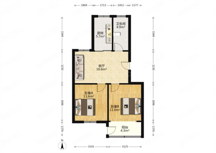 南川园新村 2室1厅1卫 60.2m&sup2;