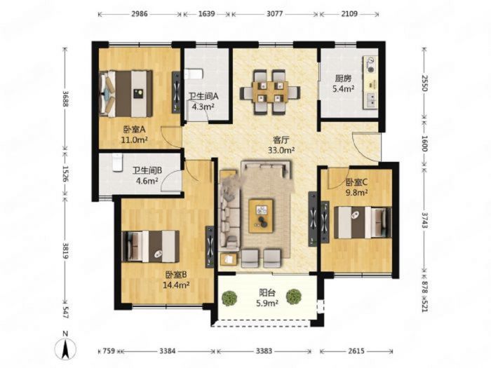南通雅居乐花园 3室2厅2卫 127m&sup2;