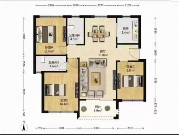 南通雅居乐花园 3室2厅2卫 116m&sup2;