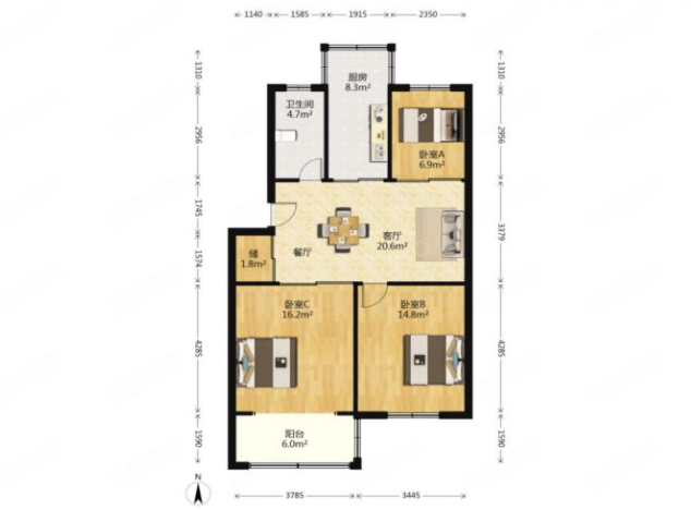 新开中苑 3室2厅1卫 92.00m&sup2;