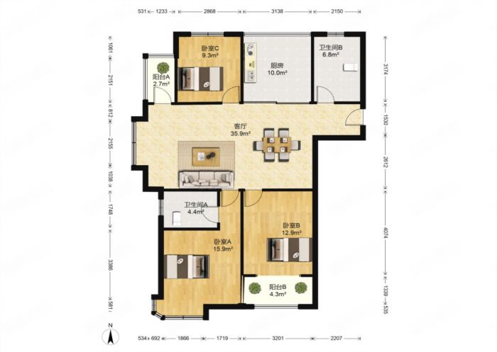 海尚家园东区 3室2厅2卫 126.00m&sup2;