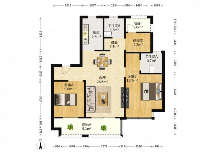 丽景湾 3室1厅1卫 97m&sup2;