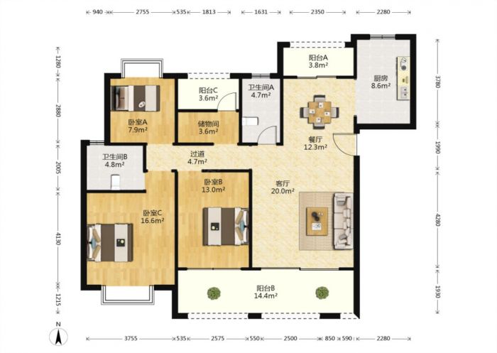 华强城 4室2厅2卫 142m&sup2;