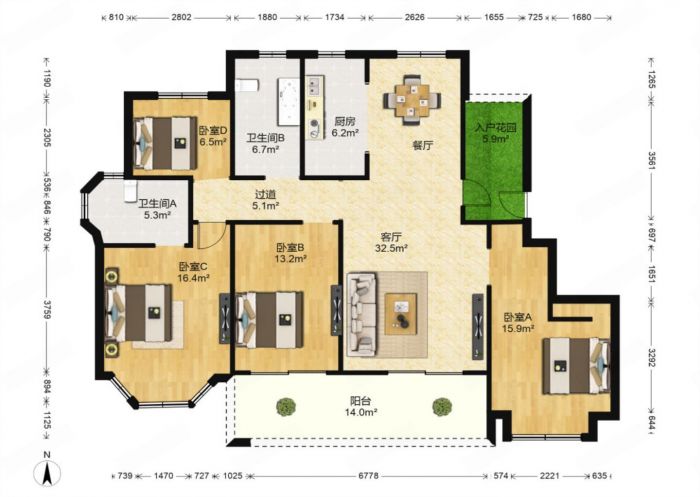 盛和九里香堤二期 4室2厅2卫 145.00m&sup2;