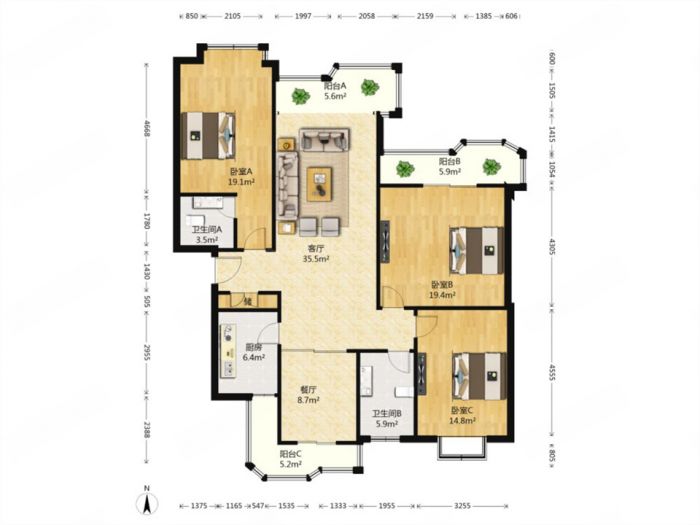 舒凯花苑 3室2厅2卫 148.5m&sup2;