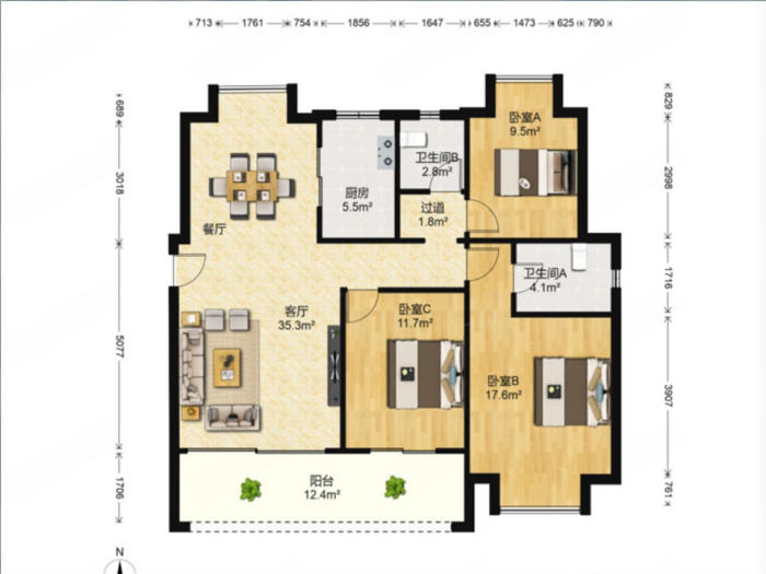 珑府 3室2厅2卫 120m&sup2;