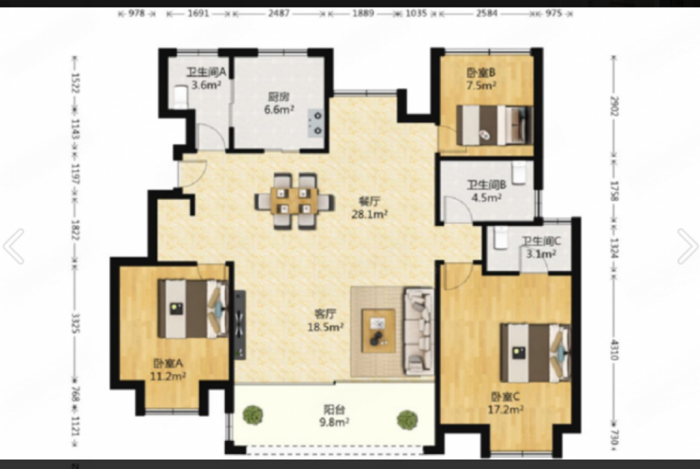 万科翡翠公园 3室2厅2卫 125m&sup2;