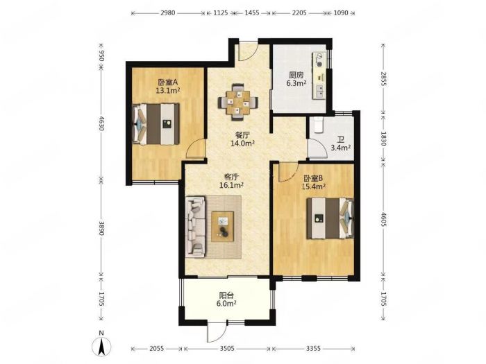 吴中豪景华庭 2室2厅1卫 91.54m&sup2;