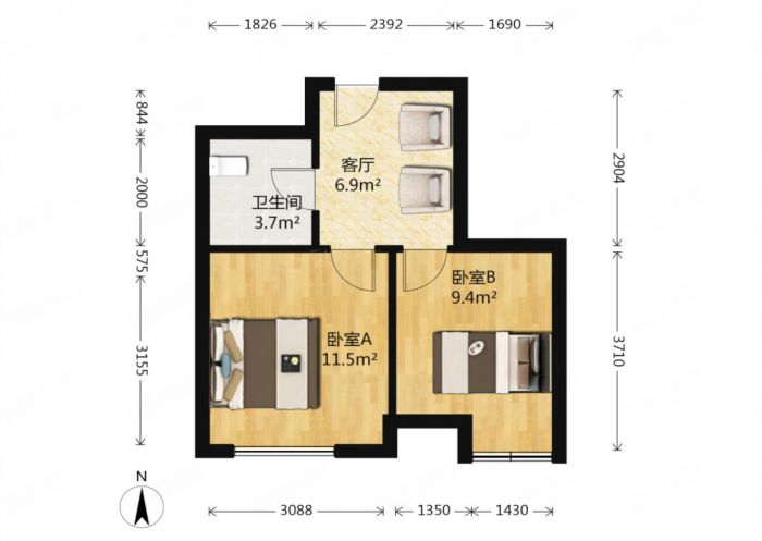 南辰濠郡 2室1厅1卫 60m&sup2;