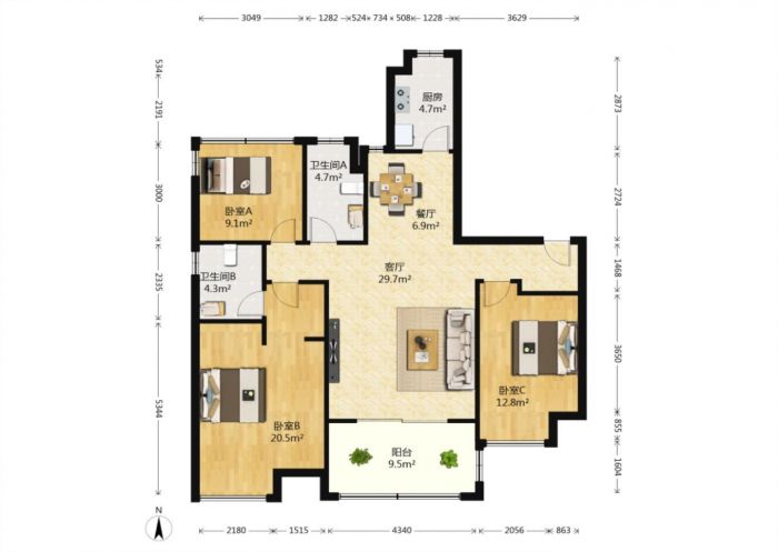 万科城市之光 3室1厅1卫 120m&sup2;