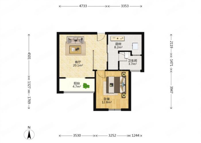 学士府 1室1厅1卫 61m²