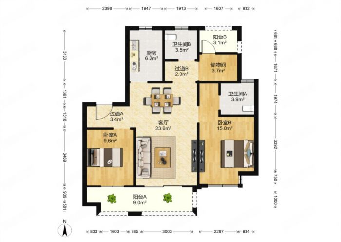 丽景湾 3室2厅1卫 96.3m&sup2;