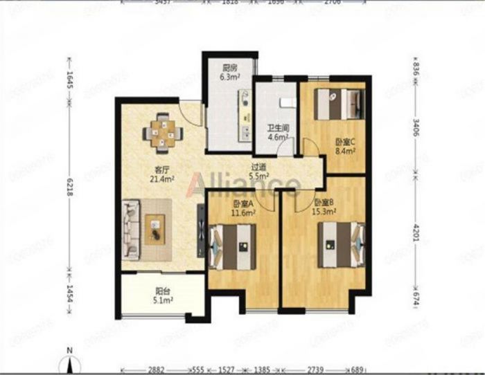中海碧林湾 3室2厅1卫 96m&sup2;