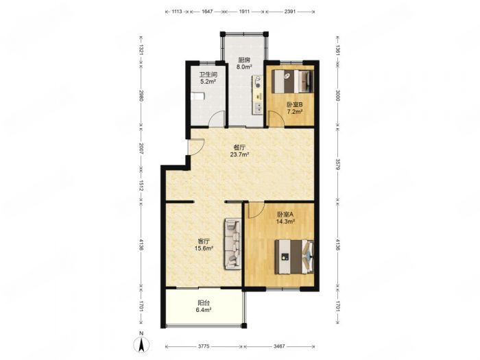 春天花园 2室2厅1卫 90m&sup2;